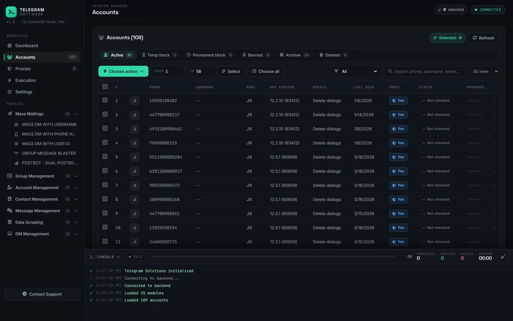 A proxy column marked Yes for every session, which is how a socks5 telegram proxy pool shows up in the account list