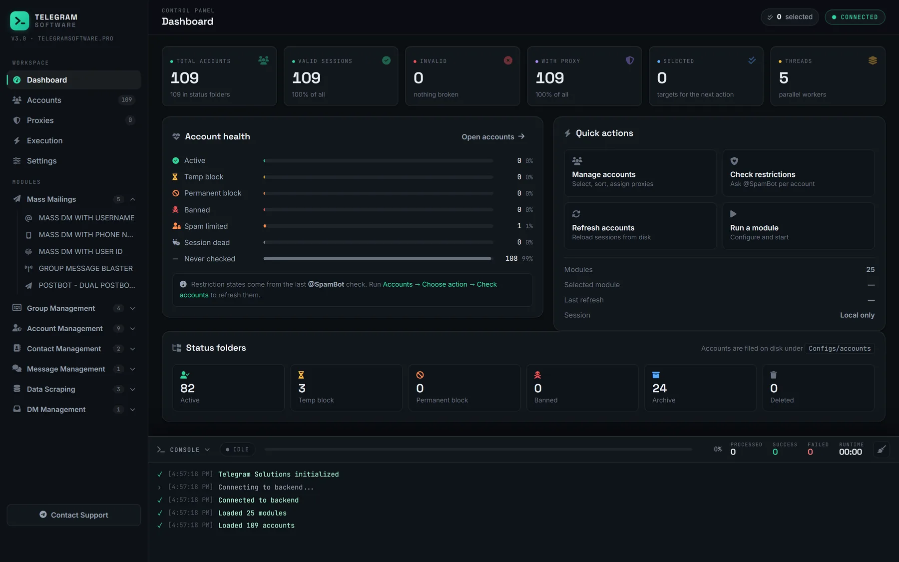 With proxy reads 100% on the dashboard while account health still counts a spam limit, because a proxy changes only the route
