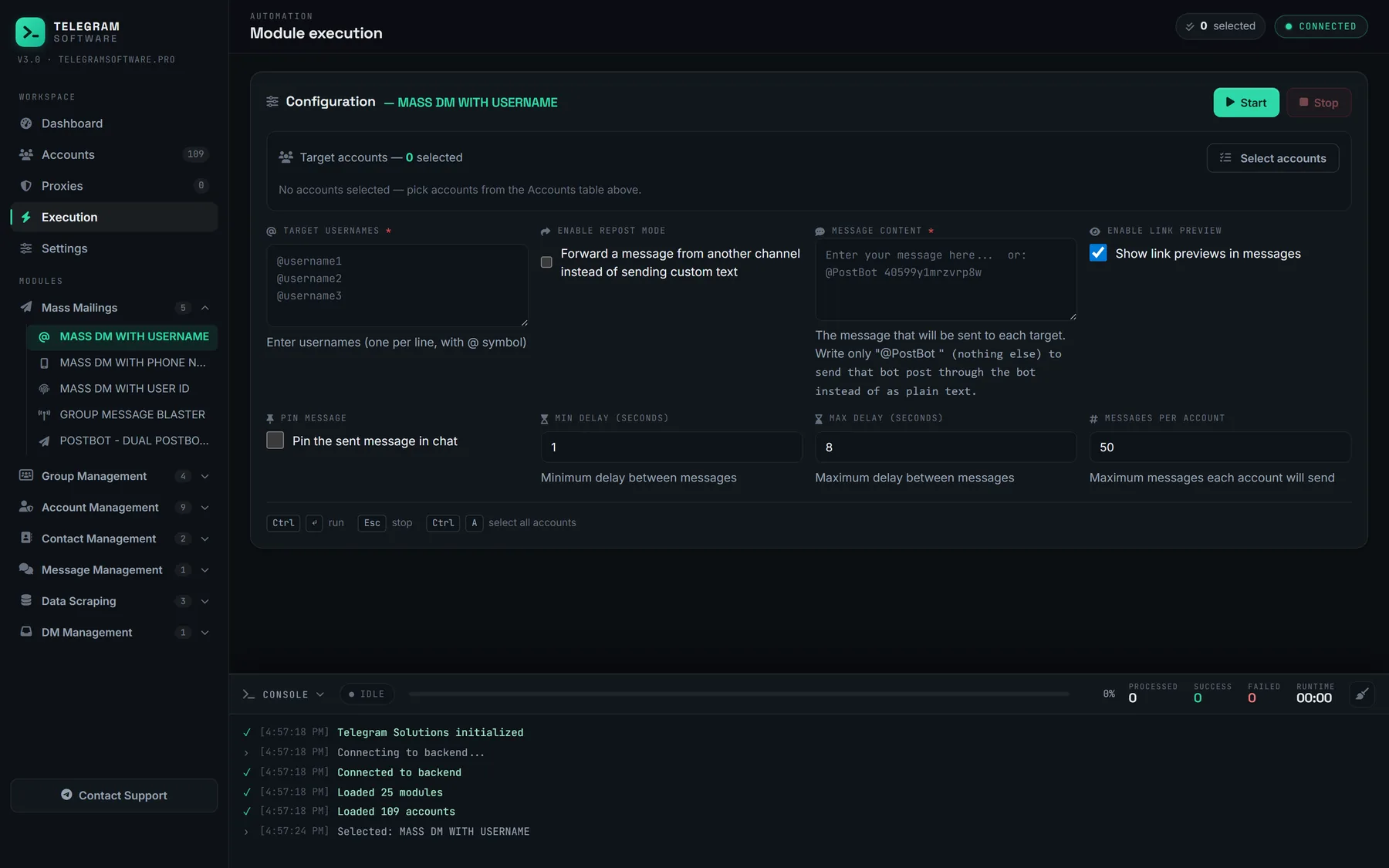 Mass DM screen with a user ID variant listed below username; a telegram username to id lookup brings the hash a bare ID lacks
